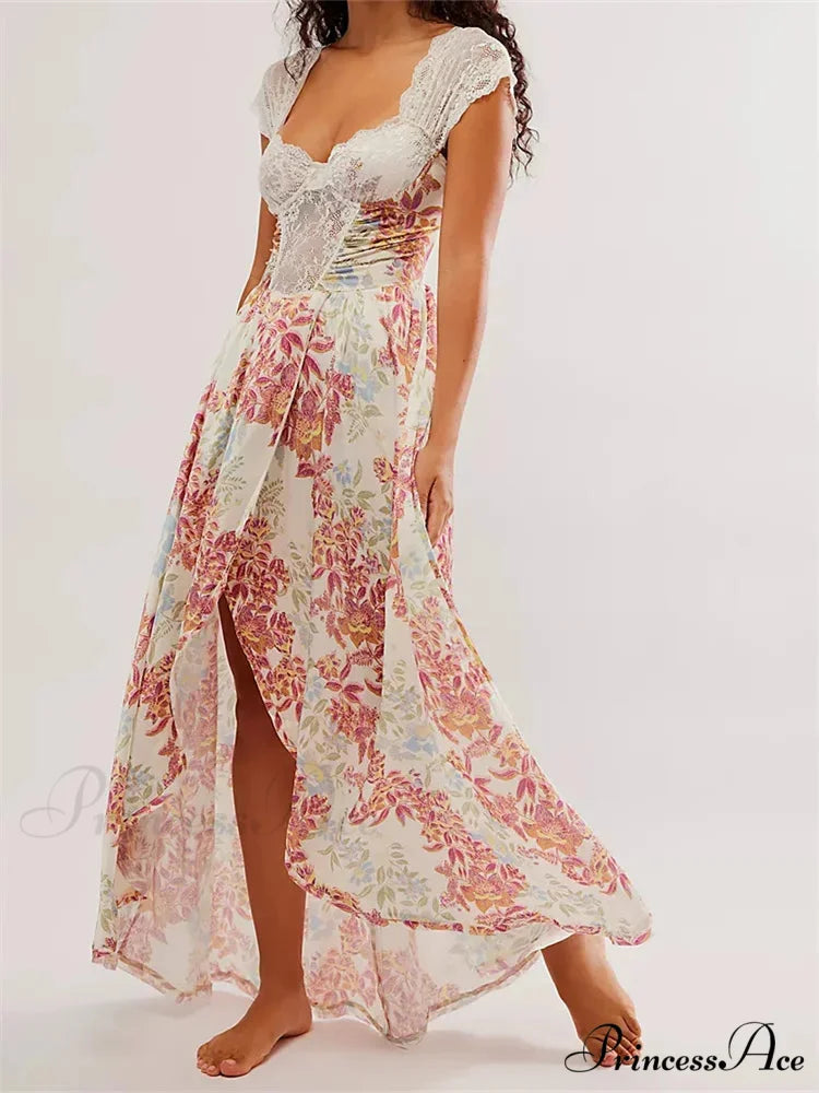 Vintage Women Lace Short Sleeve Casual Floral Print Backless Beach Party Split Summer Vestidos