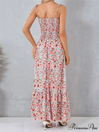Vintage Women Sleeveless Tie-up Spaghetti Strap Floral Print Summer Party Beach Female Vestidos