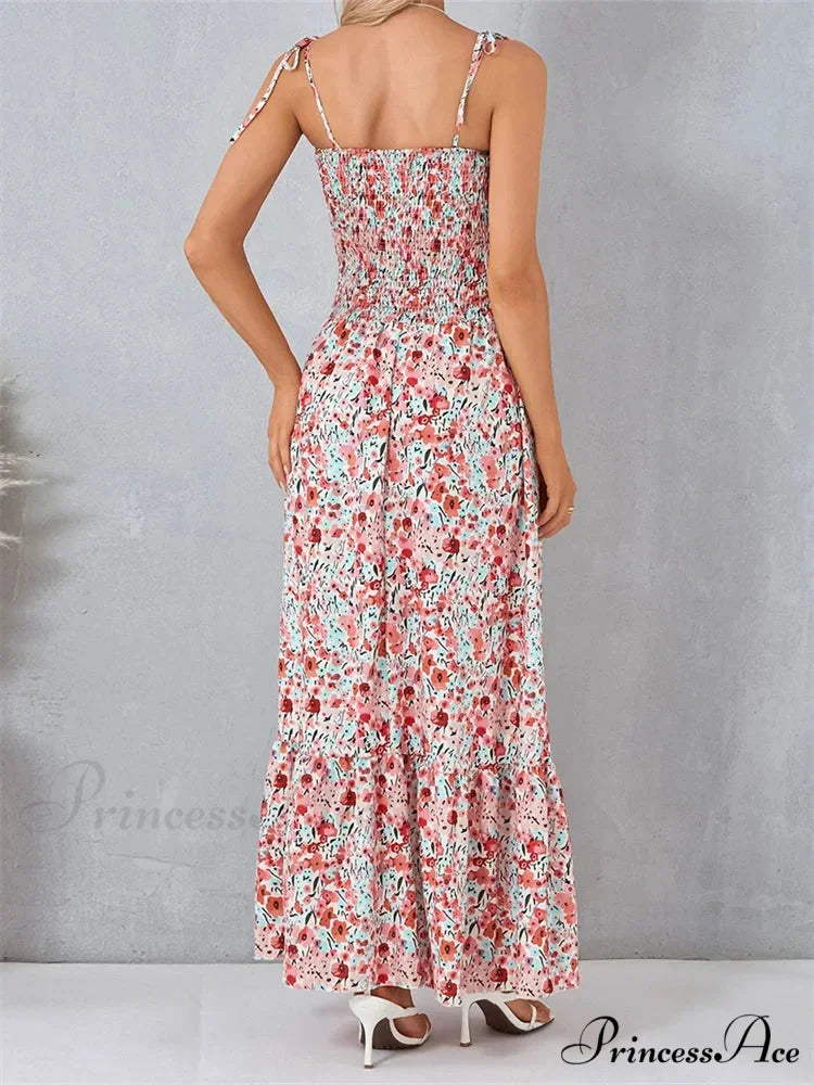 Vintage Women Sleeveless Tie-up Spaghetti Strap Floral Print Summer Party Beach Female Vestidos