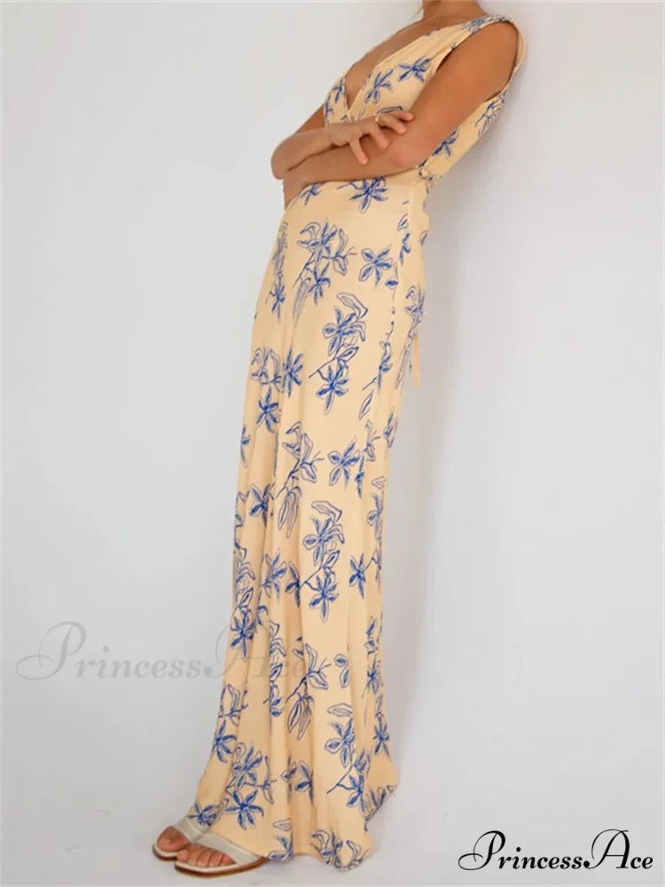 Vintage Women Sleeveless V-neck Backless Flower Print Summer for Vacation Party Female Vestidos