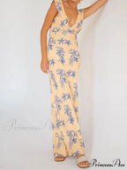 Vintage Women Sleeveless V-neck Backless Flower Print Summer for Vacation Party Female Vestidos