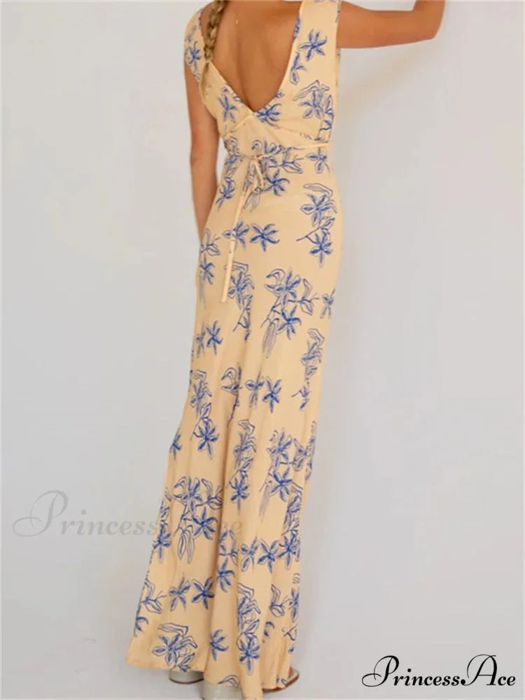 Vintage Women Sleeveless V-neck Backless Flower Print Summer for Vacation Party Female Vestidos