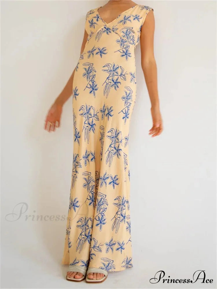 Vintage Women Sleeveless V-neck Backless Flower Print Summer for Vacation Party Female Vestidos