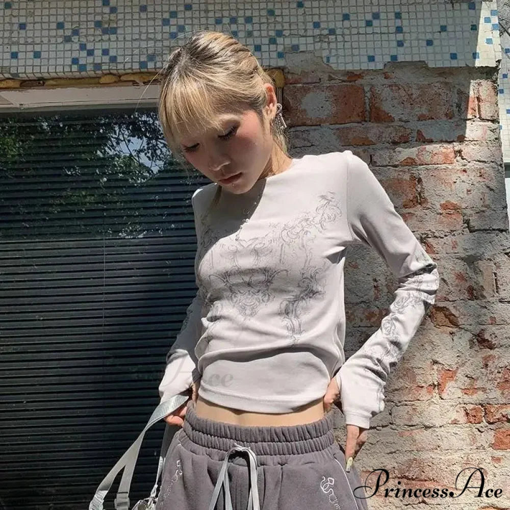 Vintage Y2K Gothic Long Sleeve O-neck Stylish Elegant Trendy Classic Casual Crop Top