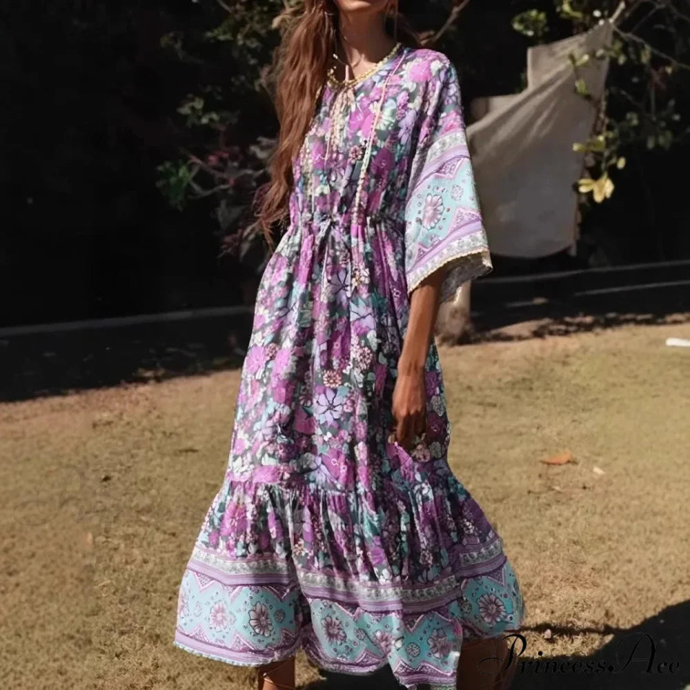 Violet Flowery Pattern Batwing Sleeve Long Bohemian Dress