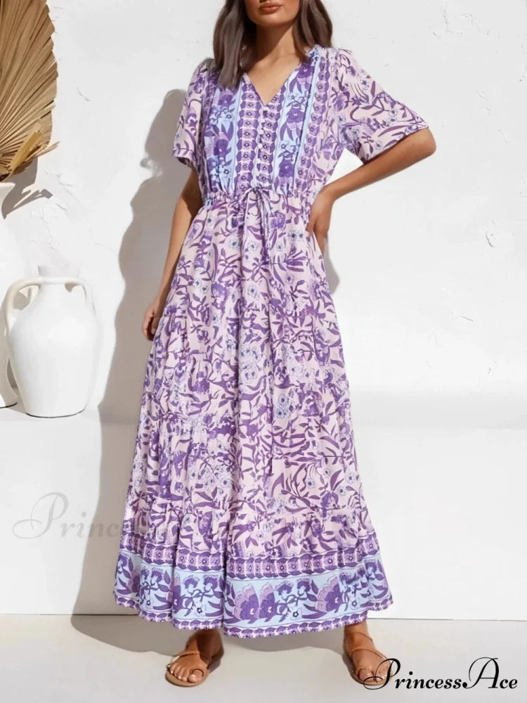 Violet Flowery Pattern Button V-neck Pleated Rayon Maxi Boho Dress