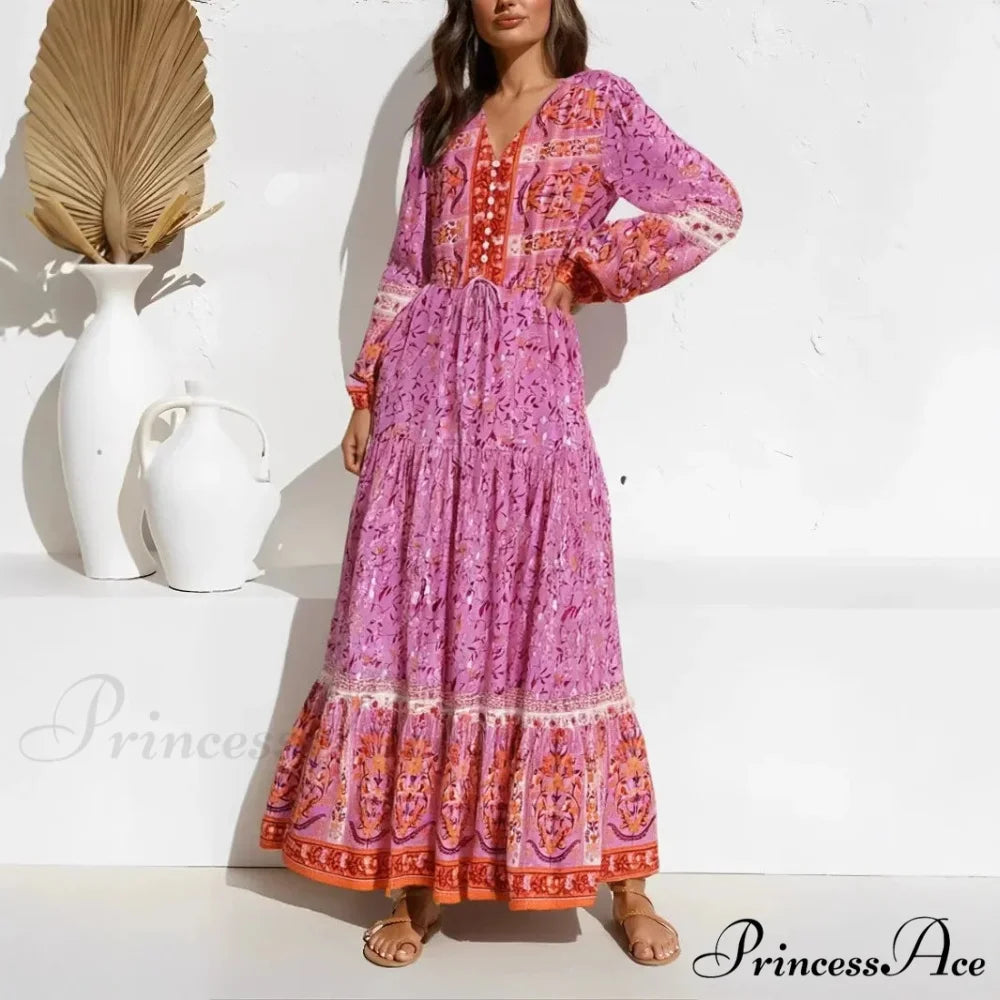 Violet Flowery Pattern Lantern Sleeve V-neck Rayon Maxi Boho Dress