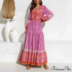 Violet Flowery Pattern Lantern Sleeve V-neck Rayon Maxi Boho Dress