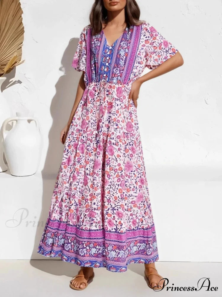 Violet Flowery Patterned Short Sleeve Fringe Frills Rayon Long Boho Dress
