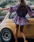 Violet Flowery Stretchy Waist Long Sleeve Short Boho Dress