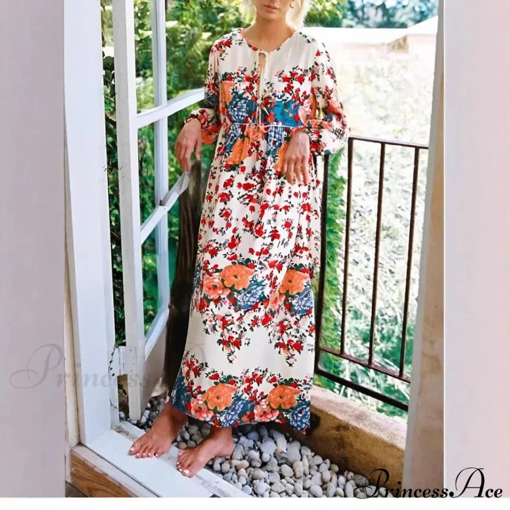 Violet Flowery Tie-up Plunging Neckline Rayon Long Bohemian Dress