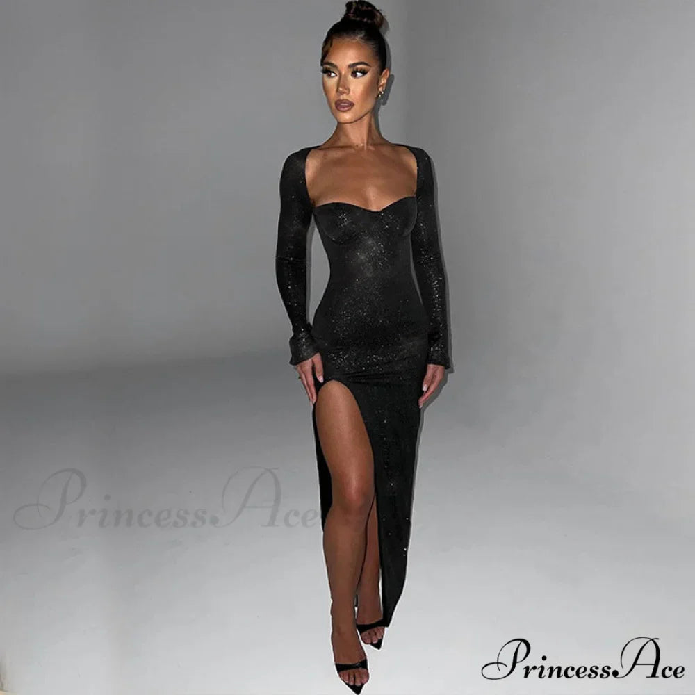 Viv Formal High Charming Slit Glitter Dress
