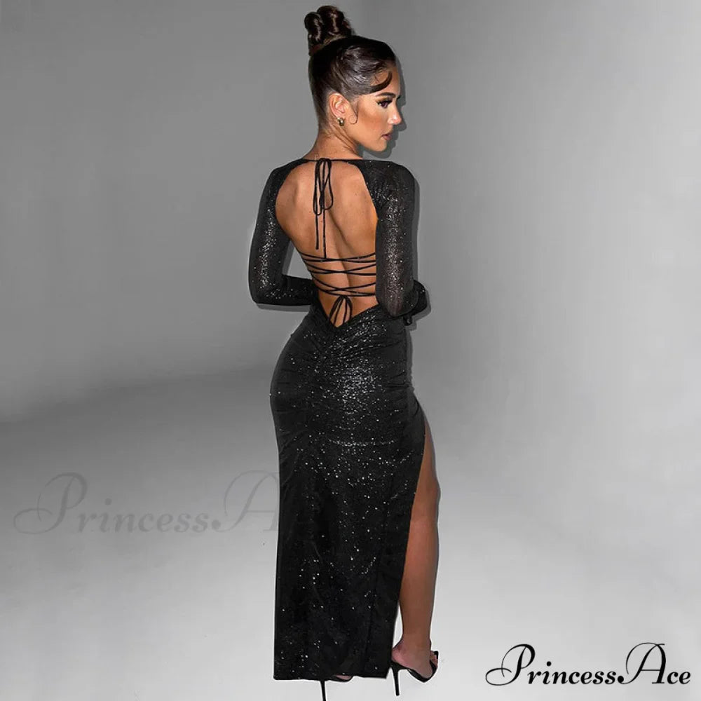 Viv Formal High Charming Slit Glitter Dress