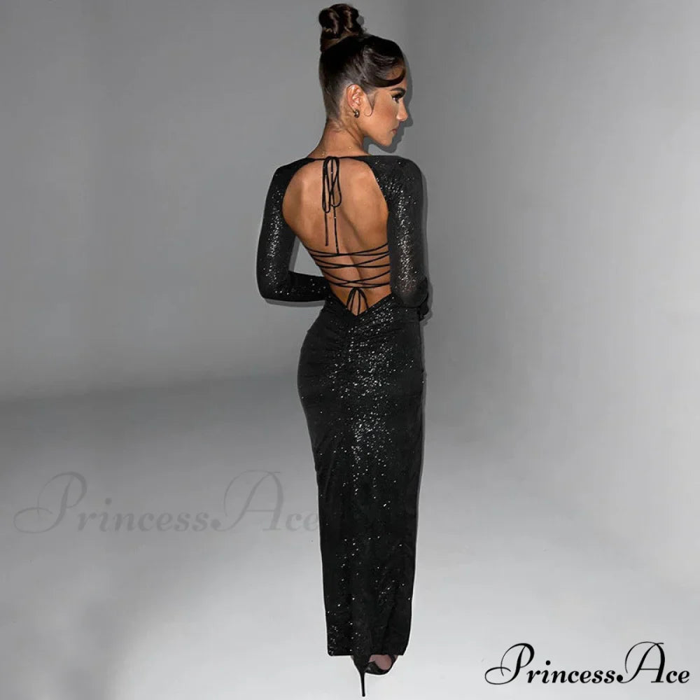 Viv Formal High Charming Slit Glitter Dress