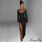 Viv Formal High Charming Slit Glitter Dress
