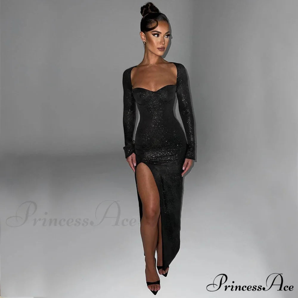 Viv Formal High Charming Slit Glitter Dress