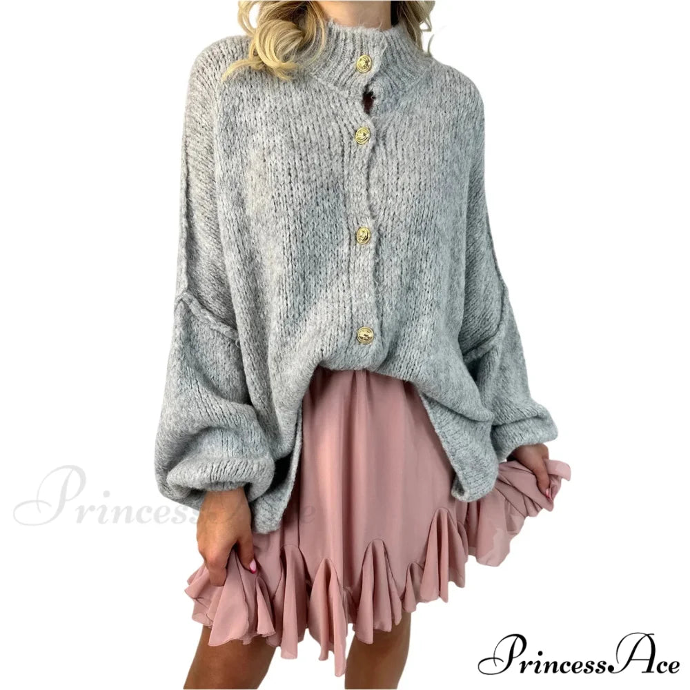 Voluminous Sleeve High Neck Cardigan