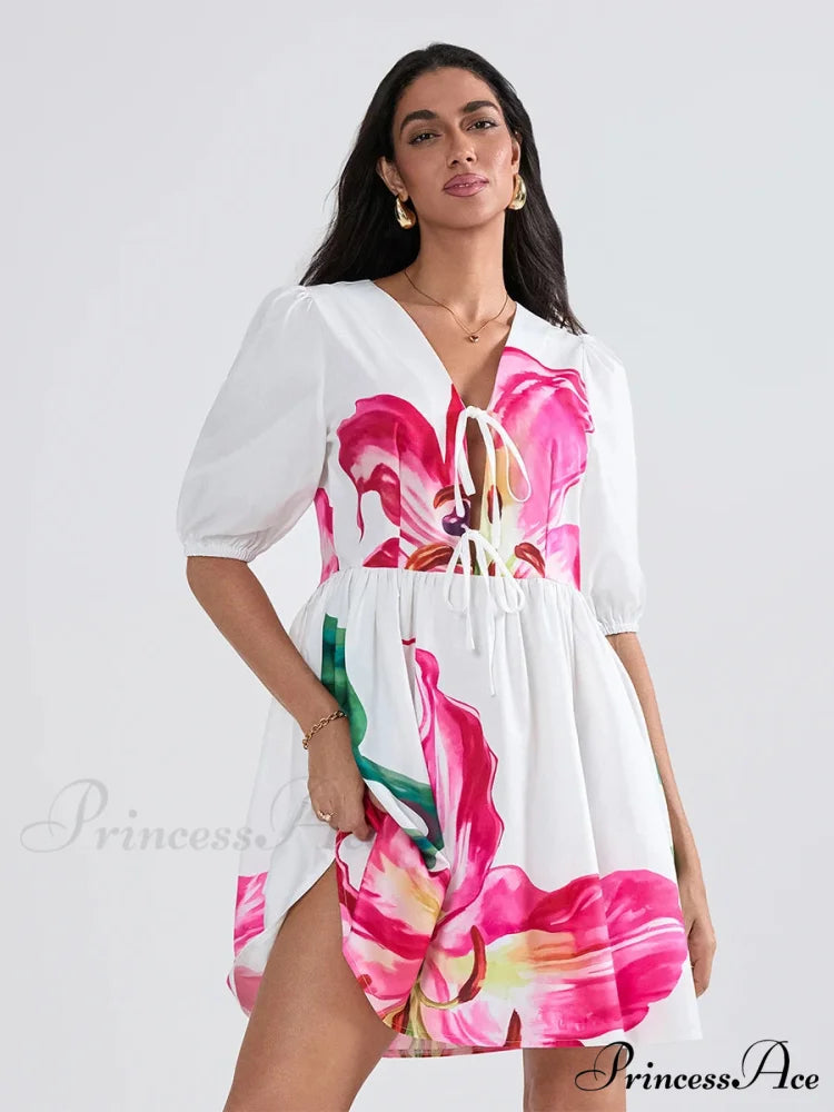 Voluminous Sleeve Knot A-Line Short Floral Dress
