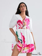 Voluminous Sleeve Knot A-Line Short Floral Dress