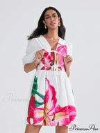 Voluminous Sleeve Knot A-Line Short Floral Dress