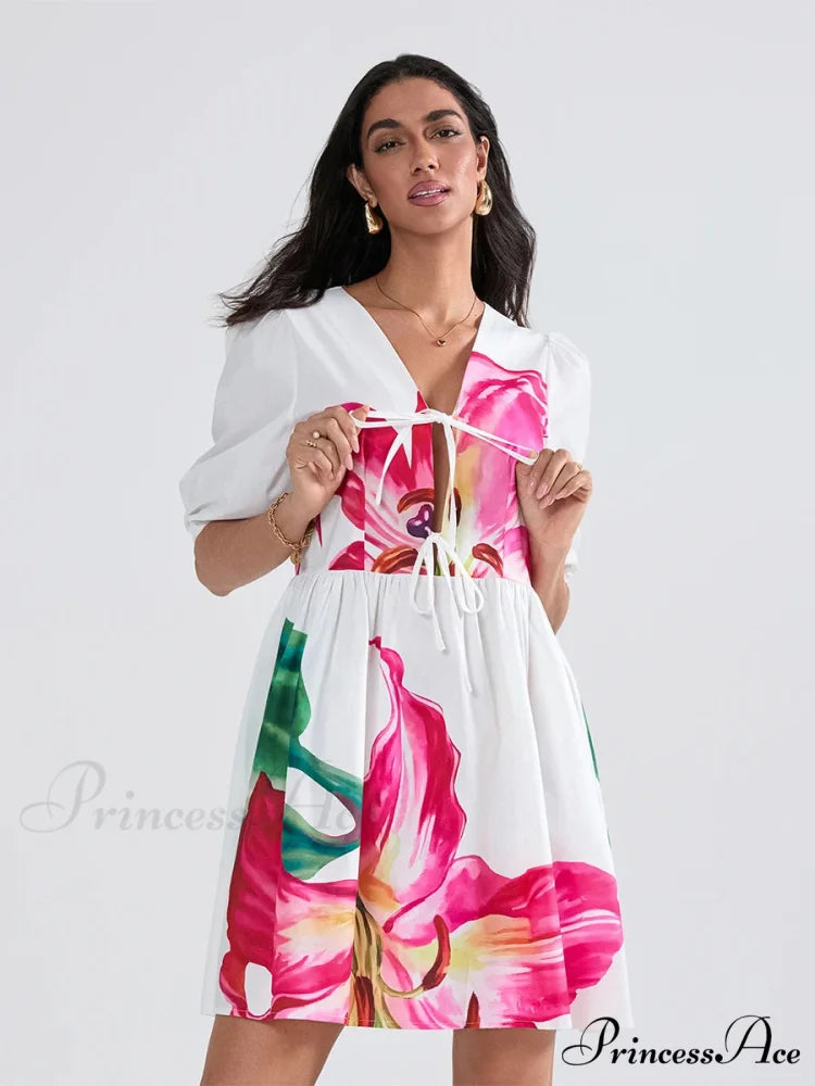 Voluminous Sleeve Knot A-Line Short Floral Dress