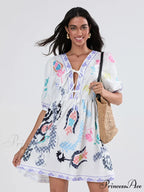 Voluminous Sleeve Knot A-Line Short Floral Dress