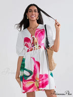 Voluminous Sleeve Knot A-Line Short Floral Dress