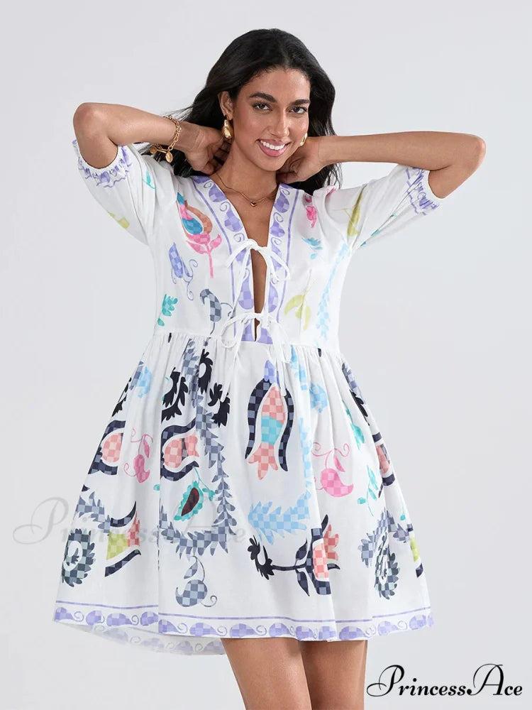 Voluminous Sleeve Knot A-Line Short Floral Dress