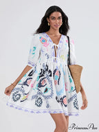 Voluminous Sleeve Knot A-Line Short Floral Dress