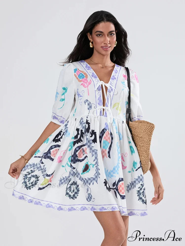 Voluminous Sleeve Knot A-Line Short Floral Dress