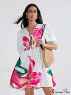 Voluminous Sleeve Knot A-Line Short Floral Dress