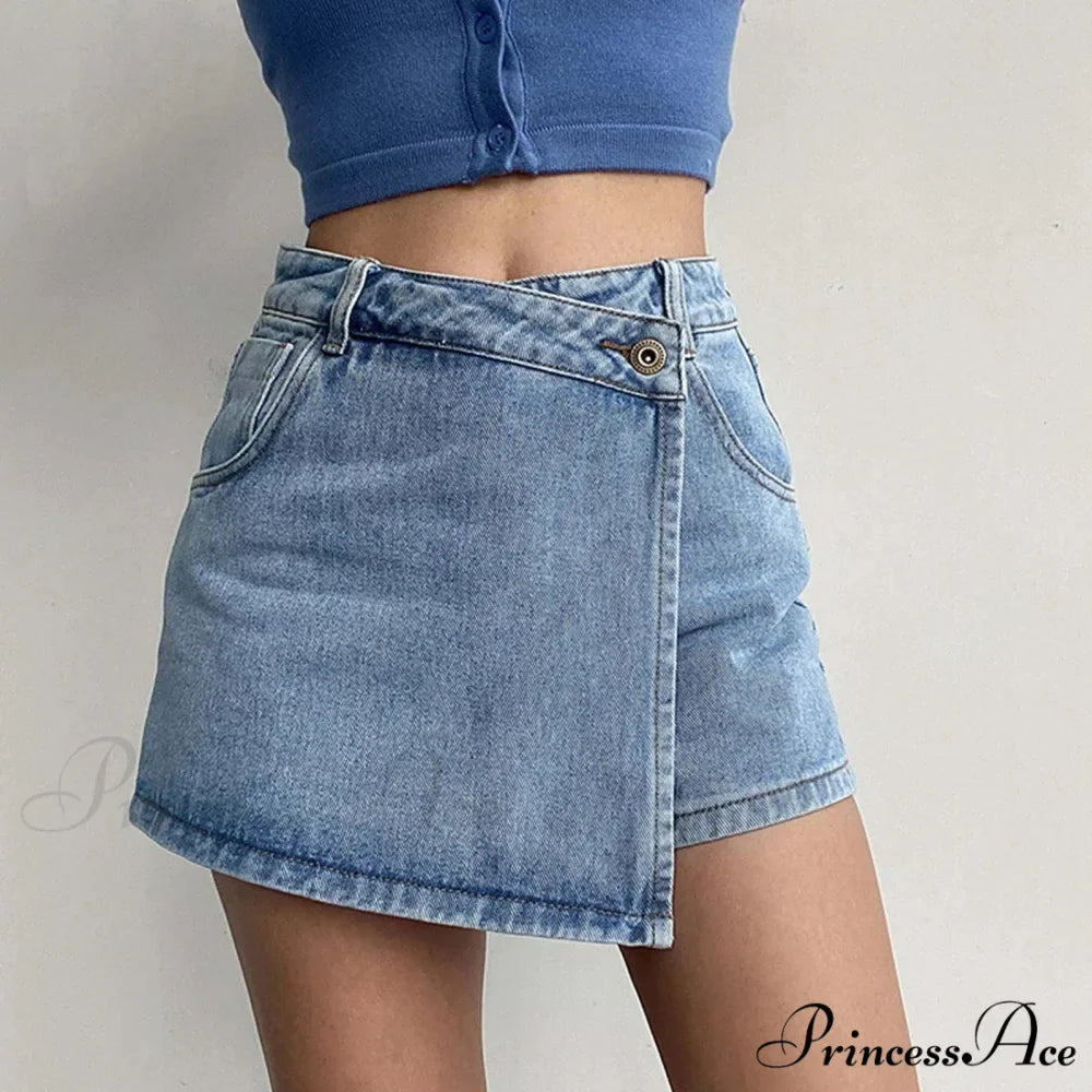 Waist A Line Denim With Light Wash Two Piece Design Chic Slimming Short