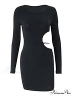 Waist Hollowed Black Long Sleeves Mini Dress