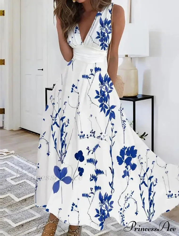 Warm Blossom Pattern Seductive Plunging Neckline Flared Flowered Dress