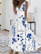 Warm Blossom Pattern Seductive Plunging Neckline Flared Flowered Dress