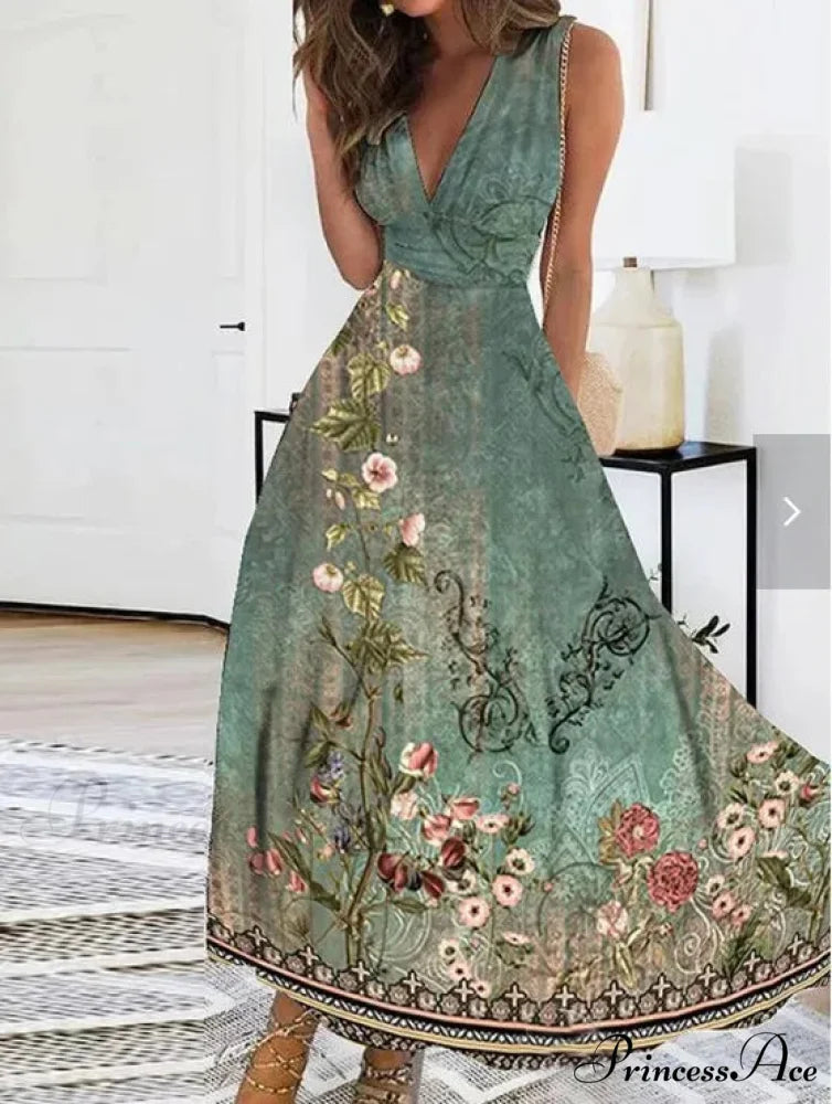 Warm Blossom Pattern Seductive Plunging Neckline Flared Flowered Dress