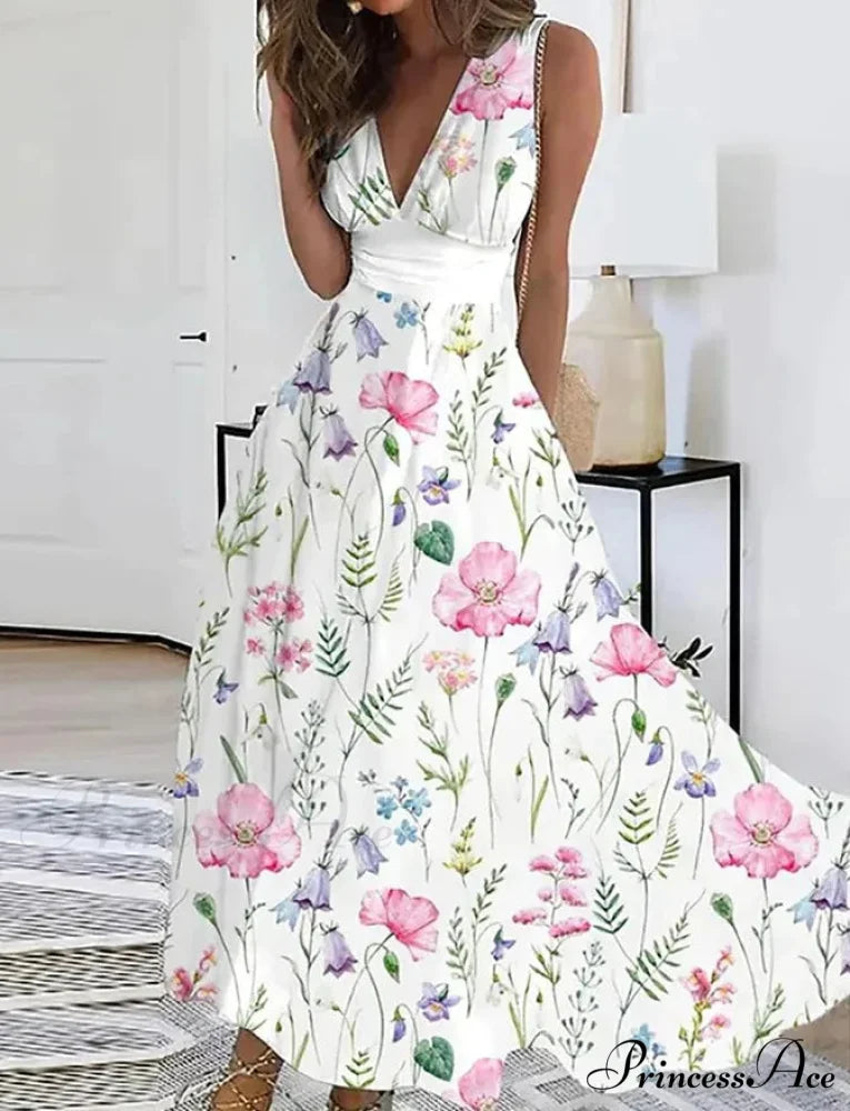Warm Blossom Pattern Seductive Plunging Neckline Flared Flowered Dress