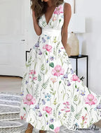 Warm Blossom Pattern Seductive Plunging Neckline Flared Flowered Dress