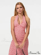 Warm Blossoming Backless Fasten-Up Halter Neck Midi Celebration Blossoming Dress