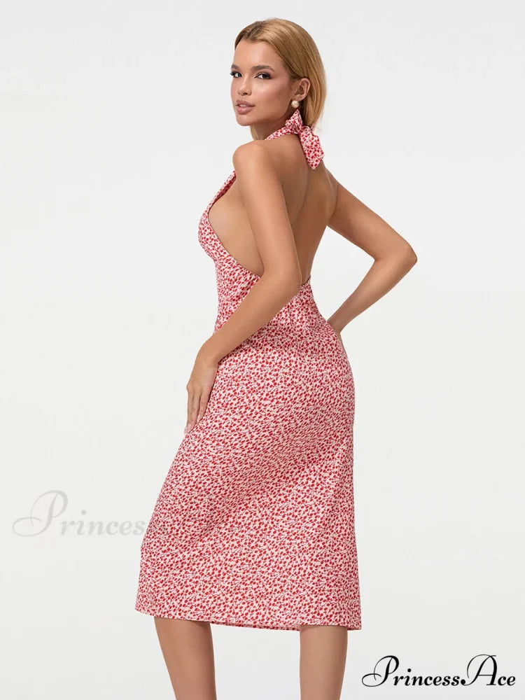 Warm Blossoming Backless Fasten-Up Halter Neck Midi Celebration Blossoming Dress
