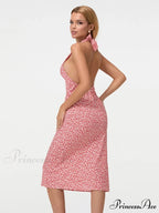 Warm Blossoming Backless Fasten-Up Halter Neck Midi Celebration Blossoming Dress
