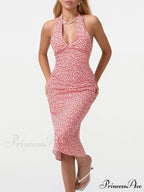 Warm Blossoming Backless Fasten-Up Halter Neck Midi Celebration Blossoming Dress