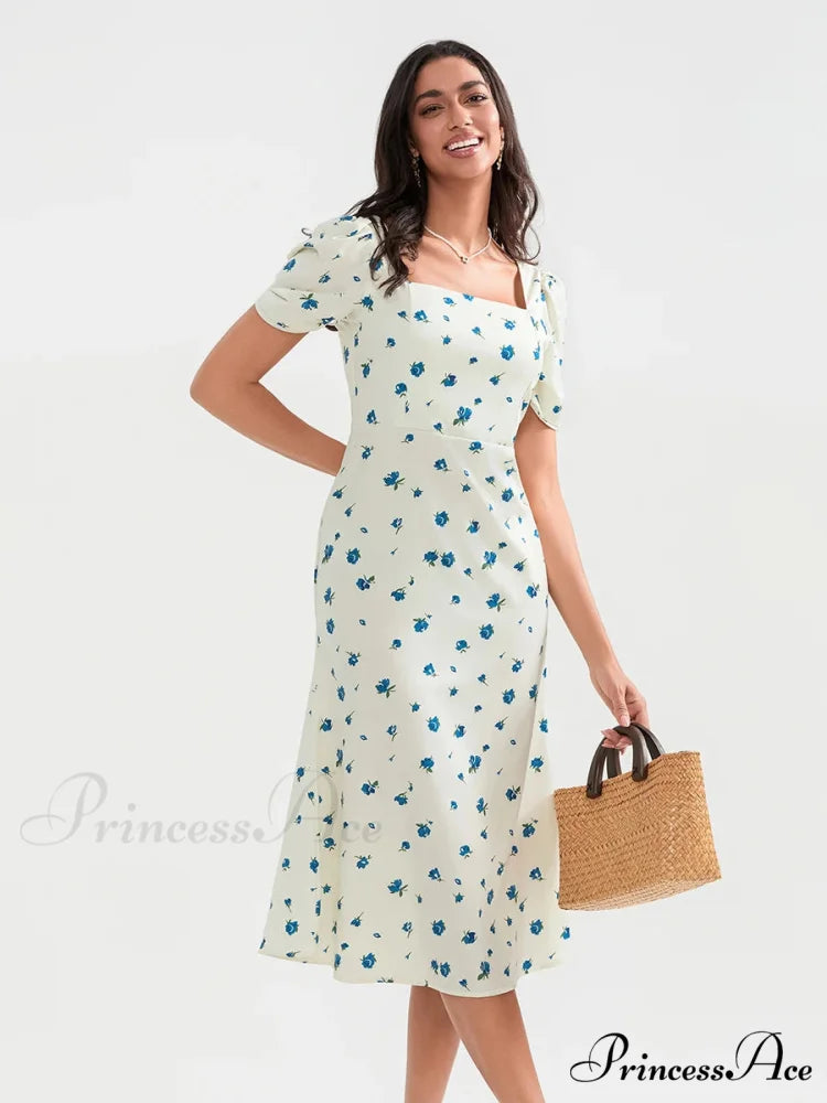 Warm Blossoming Midi Puff Sleeve A-Line Floral Dress