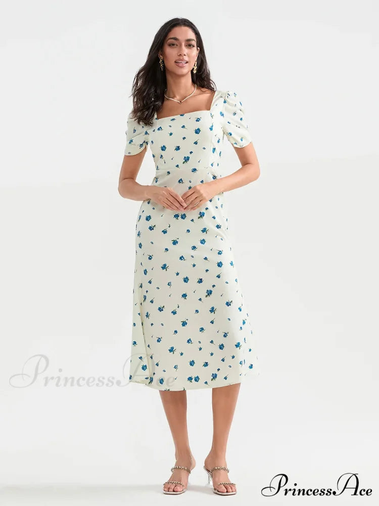Warm Blossoming Midi Puff Sleeve A-Line Floral Dress
