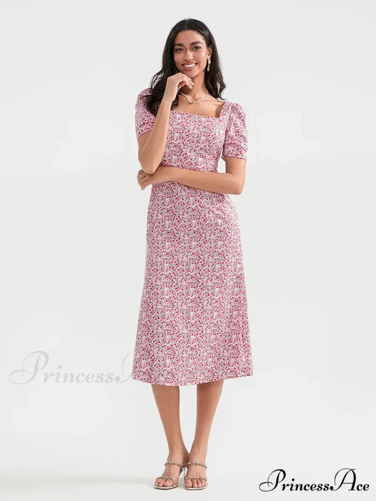 Warm Blossoming Midi Puff Sleeve A-Line Floral Dress