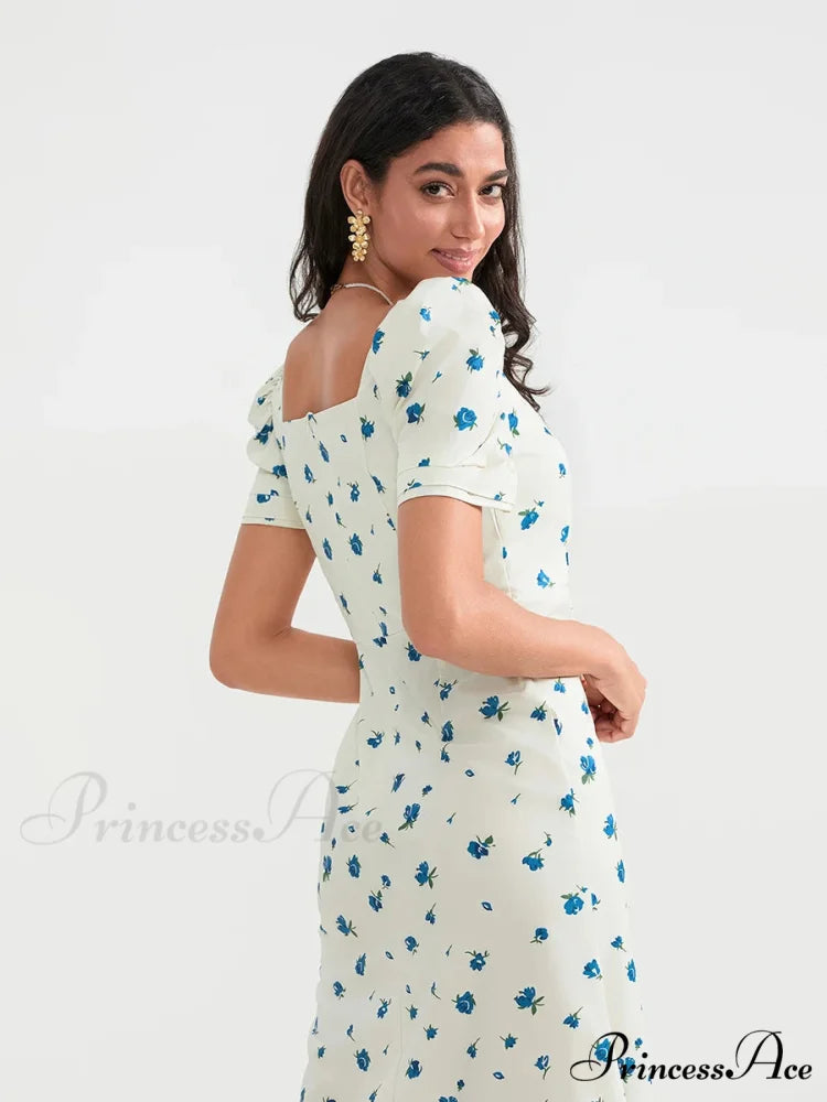 Warm Blossoming Midi Puff Sleeve A-Line Floral Dress