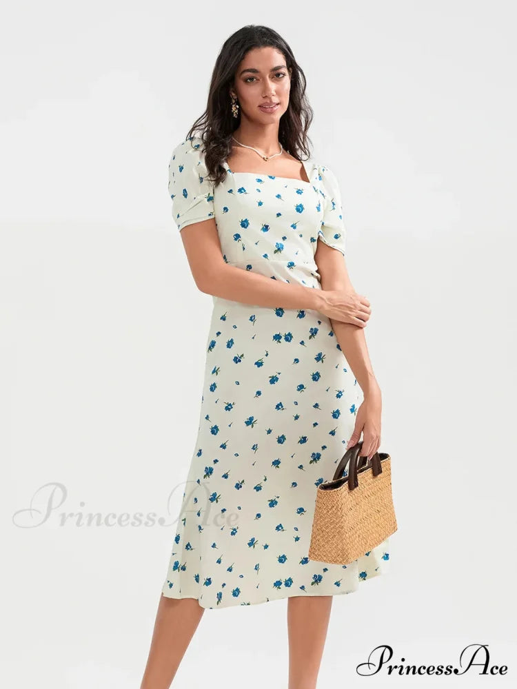 Warm Blossoming Midi Puff Sleeve A-Line Floral Dress