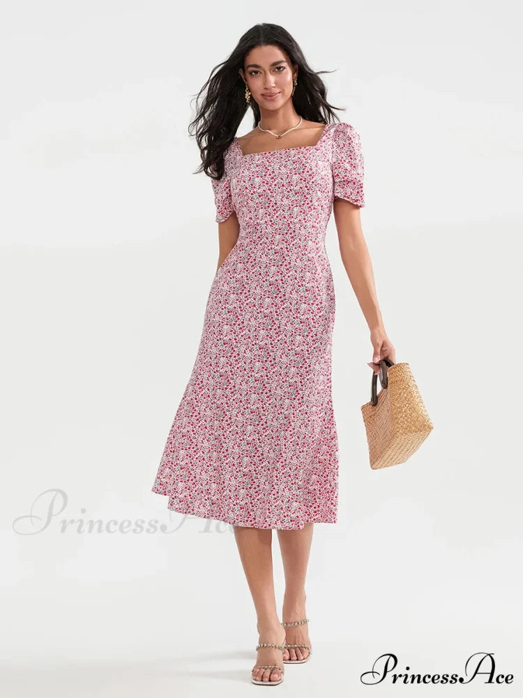 Warm Blossoming Midi Puff Sleeve A-Line Floral Dress