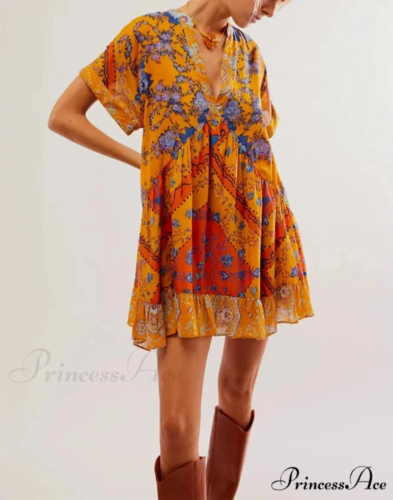 Warm Bohemian Babydoll Flower Pattern V-Neck Dress