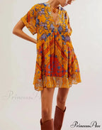 Warm Bohemian Babydoll Flower Pattern V-Neck Dress